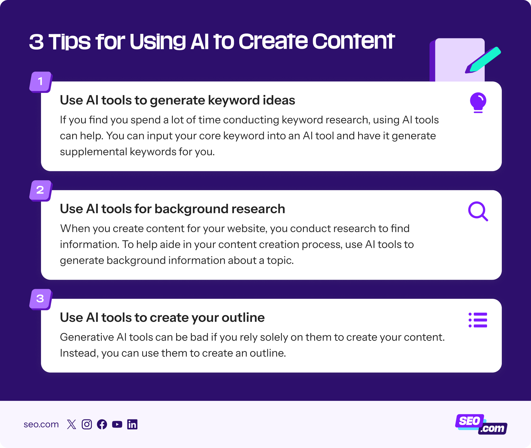 List of tips for using AI to help with content creation