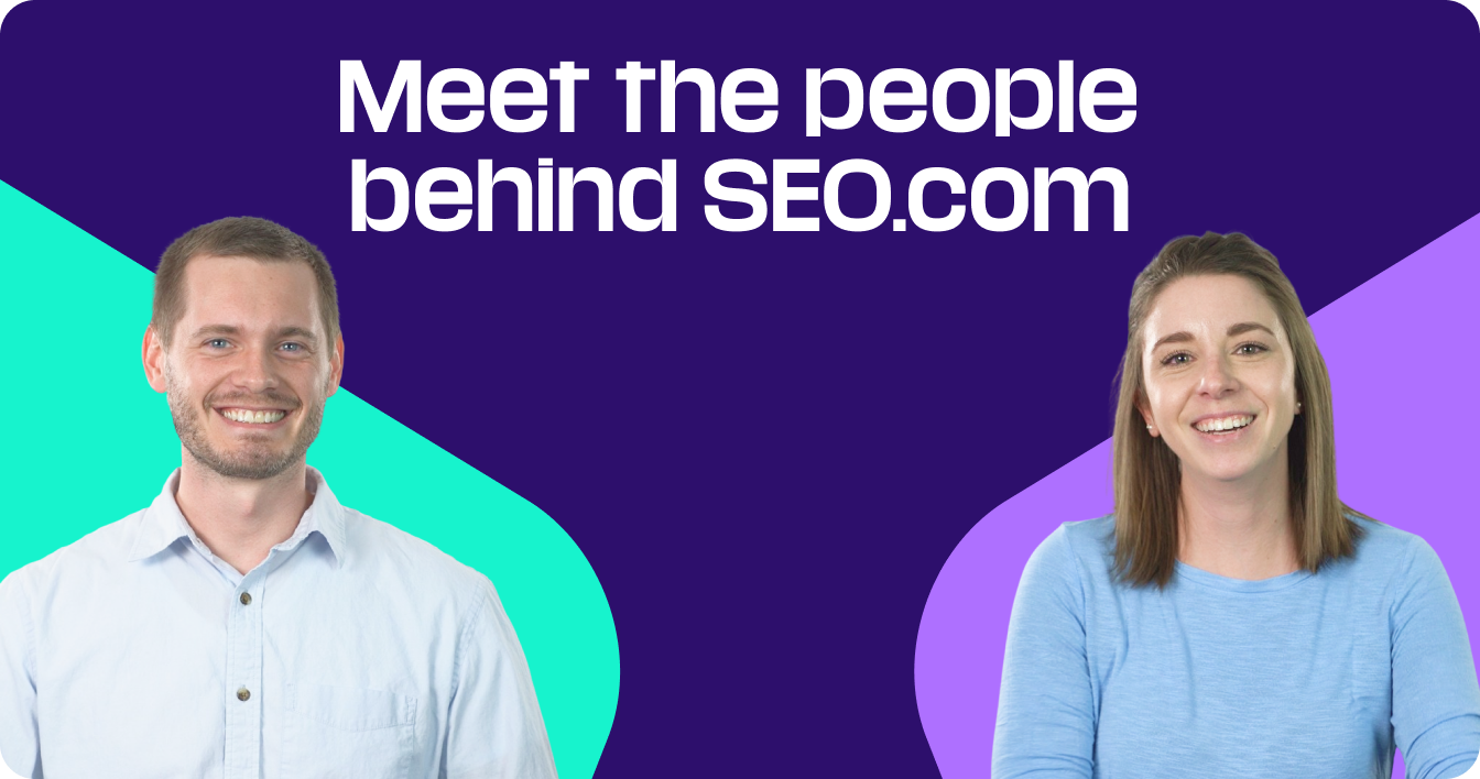 a man and a woman are smiling in front of a banner that says 'Meet the people behind SEO.com'